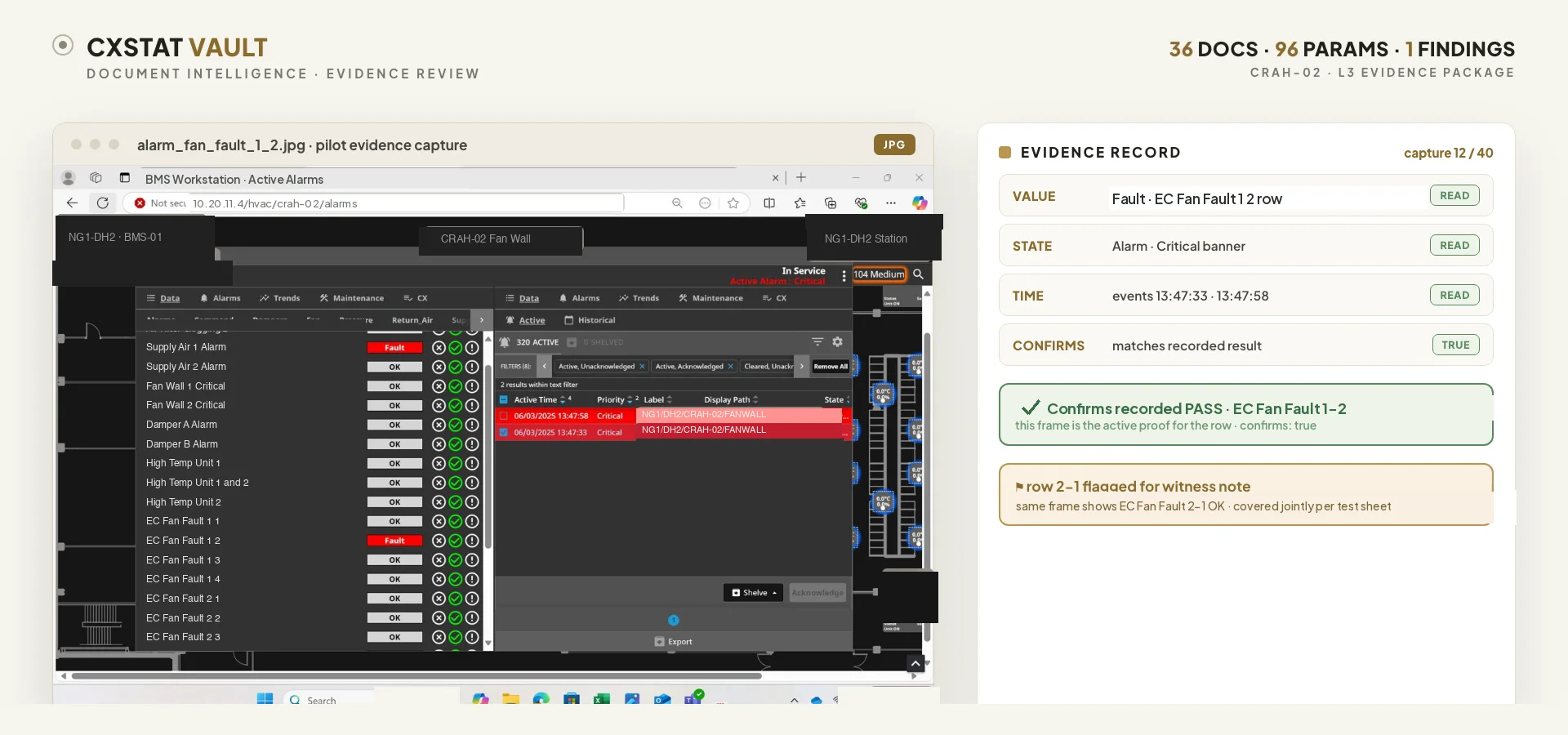 CxSTAT Vault reading a BMS alarm screenshot field by field into a structured evidence record