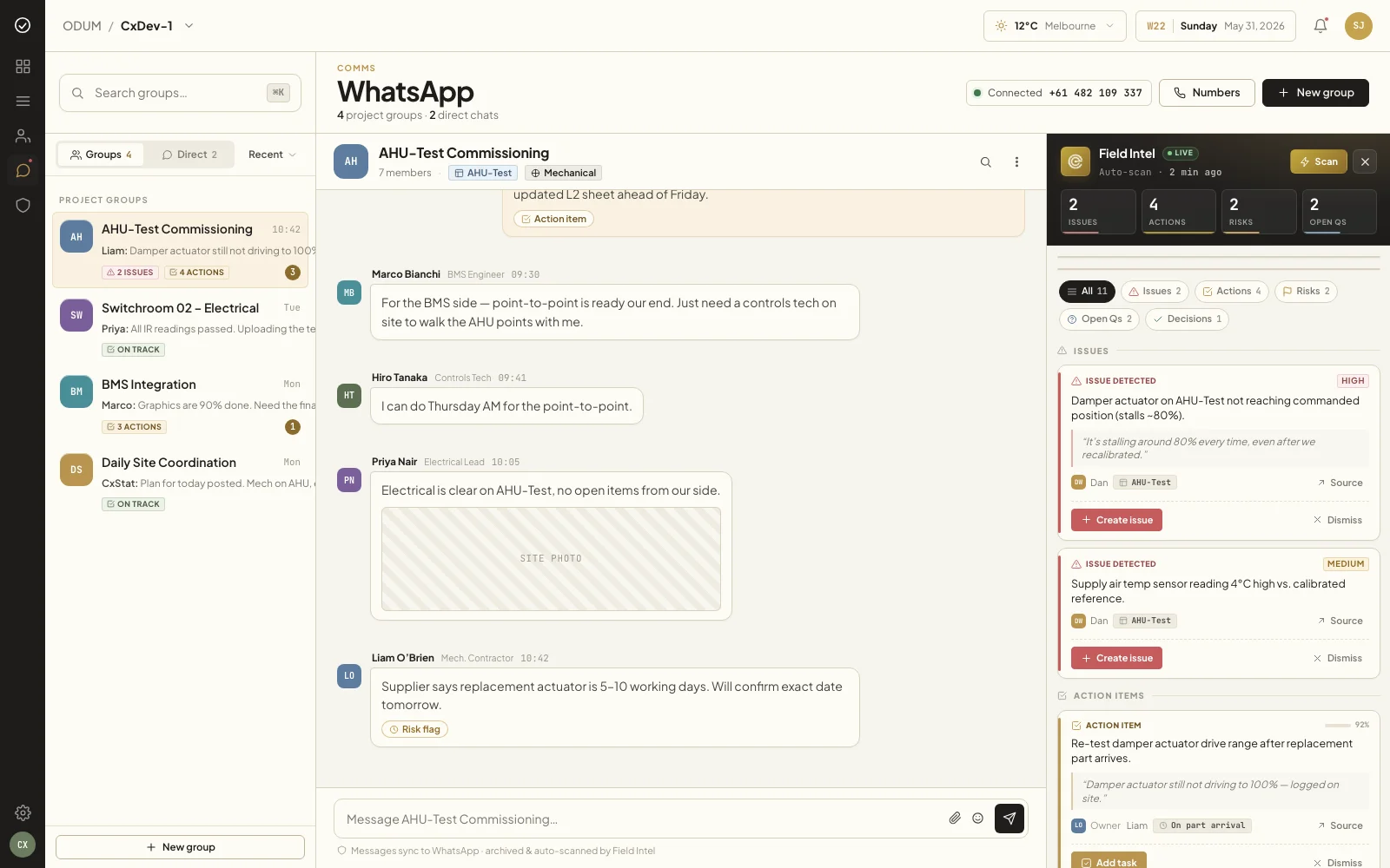 Field Intel reading a WhatsApp commissioning group: detected issues with quoted evidence, action items with owners